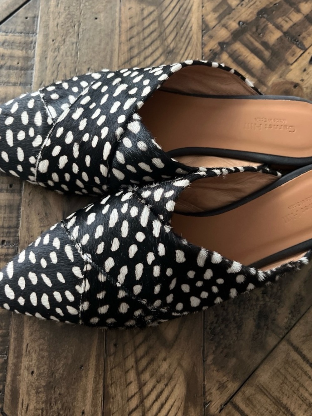 Garnet Hill Black and White Spotted Pointed Mules